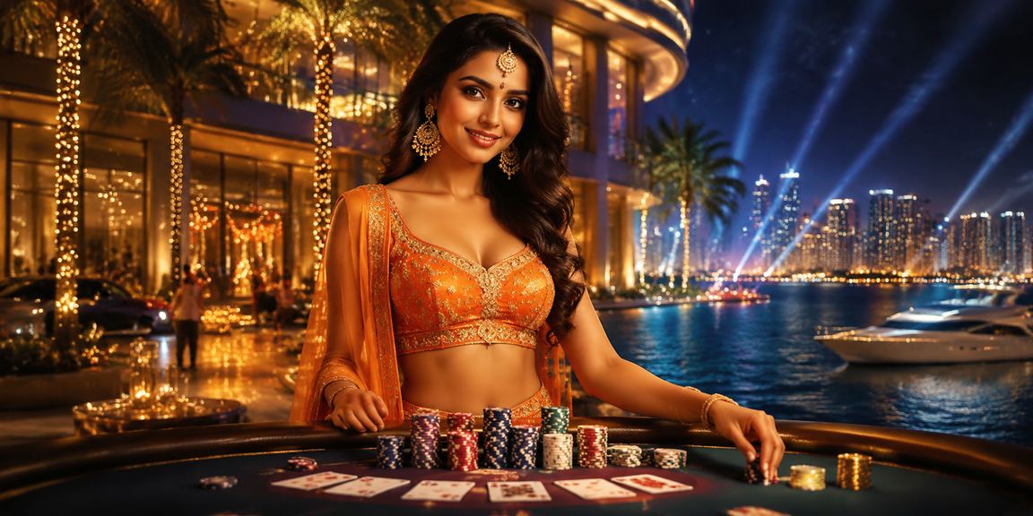 Poker game with blue and gold theme in a lively setting