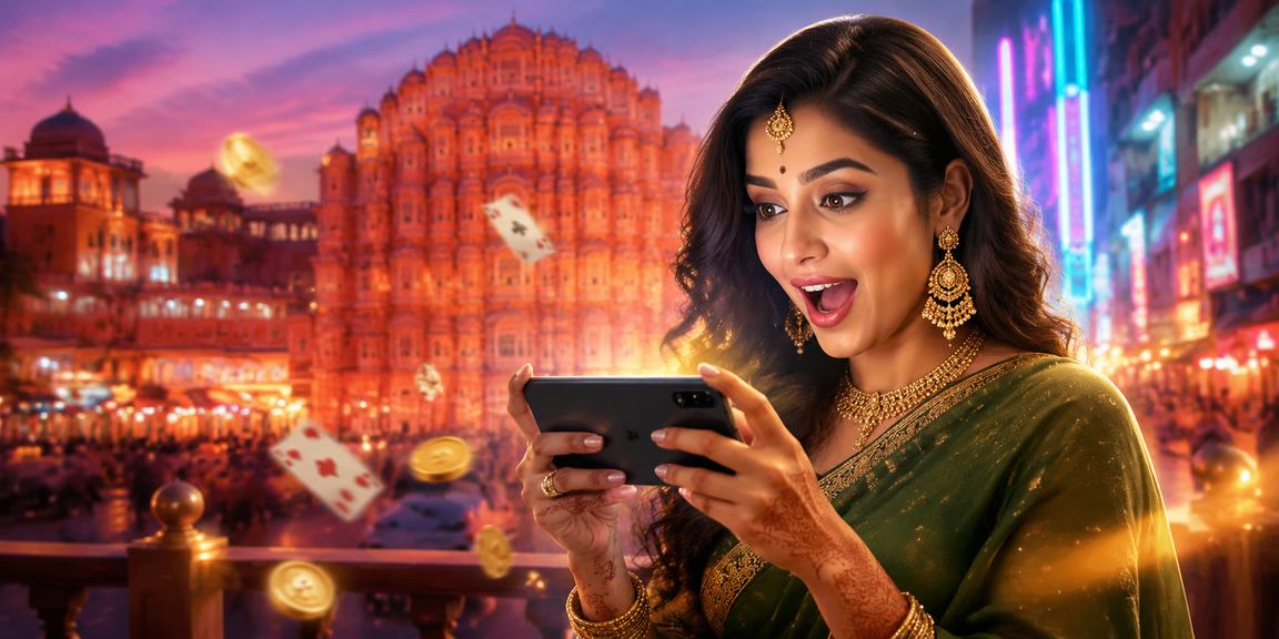 Enthusiastic young woman playing Teen Patti Rummy in Jaipur setting